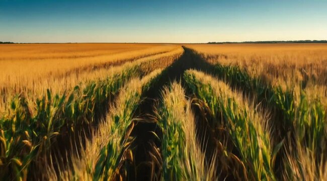 Aerial drone view of wheat and corn fields at sunset. High quality video