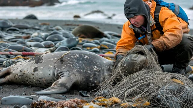 Rescuing a seal by removing a fishing net from it. AI.