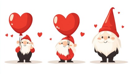 Obraz premium Cute cartoon gnomes with heart balloons and pointy hats The 14th of February. Happy Valentine's Day
