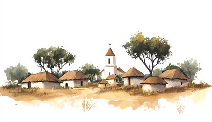Serene watercolor painting of a minimalist African village landscape