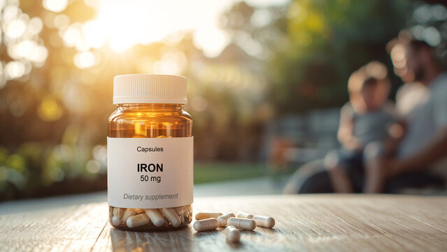 Amber bottle of iron dietary supplement capsules with 50 mg dosage on wooden table, health and wellness product in natural outdoor setting, blurred family background and sunlight, energy support