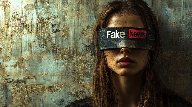 A woman with long brown hair and a headband that covers her eyes, featuring the words Fake News on it.