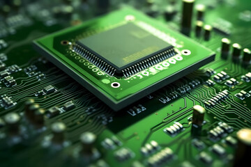 Computer circuit board integrated with green leaves, representing the intersection of environmental sustainability and modern technology in green computing and eco-friendly innovations