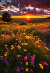 Fototapeta premium vibrant fields during sunset showcasing palette bright colors stunning shadows, view, sky, cloud, landscape, light, brightness, nature, dusk, scene, hue