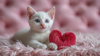 Adorable white kitten with blue eyes and heart-shaped toy on fluffy blanket The 14th of February. Happy Valentine's Day