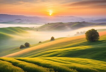 Fototapeta premium serene sunrise over lush green fields rolling hills enveloped peaceful atmosphere morning light, landscape, meadow, nature, sky, color, rural, agriculture