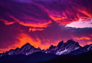 Obraz premium dramatic mountain range silhouetted vibrant sunset sky warm colors striking cloud patterns, nature, landscape, light, dawn, evening, beauty, view, horizon