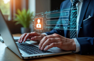 Businessman uses laptop to log in. Types username, password on webpage. Cyber security concept displayed on screen. Internet access, personal data protection involved. Scene takes place in modern