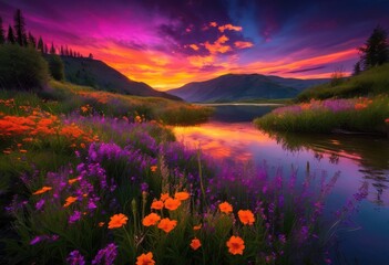 Fototapeta premium mesmerizing vibrant sunset illuminating untouched natural scenery rich colors lush landscapes, nature, sky, clouds, horizon, silhouette, trees, mountains