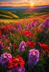 Fototapeta premium vibrant fields flourishing blooms capturing colorful display abundant flora under blue sky, blooming, flower, petal, plant, leaf, spring, garden, outdoor