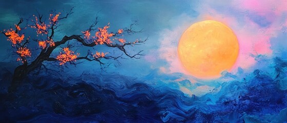 Obraz premium Vibrant sunset with blossoms and serene atmosphere.