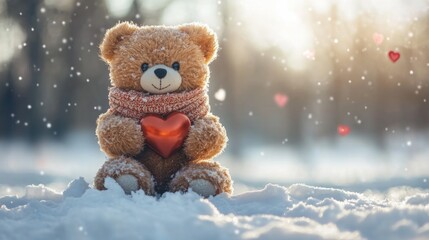 Cozy teddy bear holding red heart in winter wonderland. The 14th of February. Happy Valentine's Day