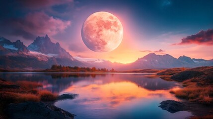 Stunning Pink Moon Rises Majestically Over Serene Mountain Lake: Digital Painting, Dreamlike Style. AI Generated