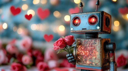 Adorable robot holding roses amidst heart-shaped lights and flowers. The 14th of February. Happy Valentine's Day