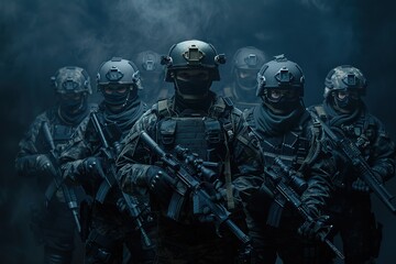 Fototapeta premium Armed special forces group on a dark background. Law and order protection concept.