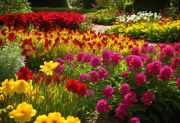 Fototapeta premium stunning flower beds overflowing color under bright showcasing vibrant blooms full bloom amid lush greenery inspiring garden display, blossom, petals, flora