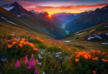 Fototapeta premium stunning vibrant sunrise illuminating untouched mountain valley landscape breathtaking natural scenery, mountains, nature, dawn, light, colors, clouds, sky