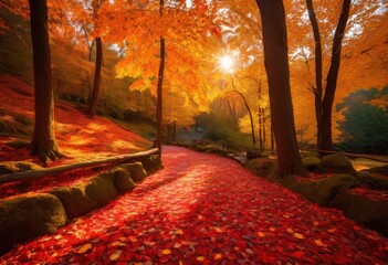 vibrant autumn leaves blanketing serene pathway creating picturesque landscape amidst colorful display, forest, nature, scenery, tree, foliage, walk