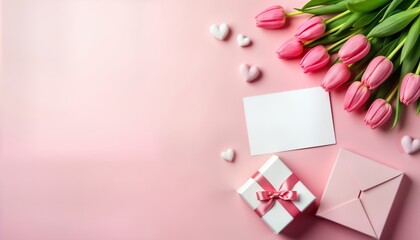 Pink tulips bouquet with gift box, envelope on pastel pink background. Spring flowers create romantic atmosphere. Perfect for Mother Day birthday celebration. Flat lay arrangement on desk. Festive,