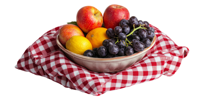 Fresh Fruits in a Bowl on a Red Checkered Cloth Isolated on transparent background