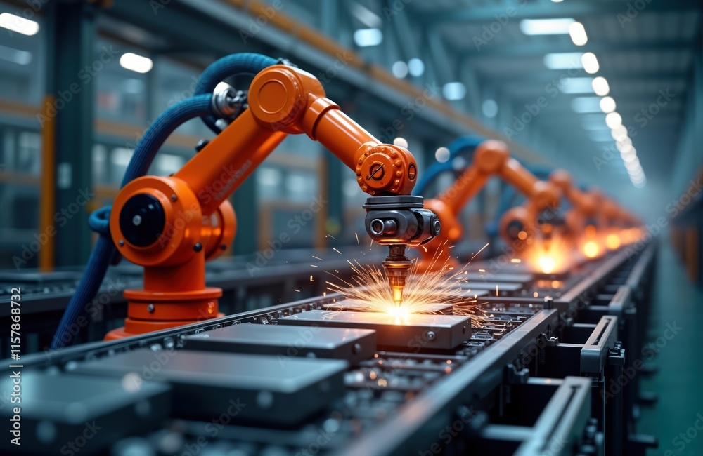 Poster orange robotic arms work on automated assembly line in modern factory. precisely weld assemble parts