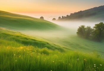 Naklejka premium captivating early morning mist over lush green fields dew drenched grass mysterious hues creating serene landscape, air, brightness, canvas, color, dawn