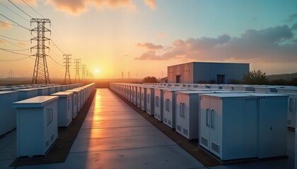 Large-scale battery storage facility at sunset. Rows of white units arranged on paved surface. Power lines, building in background. Eco-friendly tech for energy storage. Modern infrastructure for