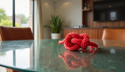 Red knot on glass table against modern interior background