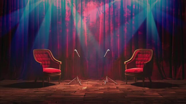 Stage with a chair and microphone under a spotlight for performance or speech  
Seamless looping 4k time-lapse virtual video animation Generated AI
