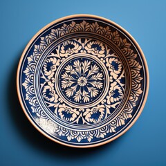 Decorative Moroccan ceramic hand painted plate, handmade, isolated, closeup top view.