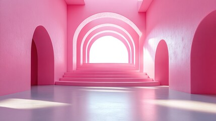 A vibrant pink interior space with arches and steps, creating a whimsical atmosphere.