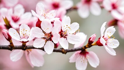 Naklejka premium Delicate pink cherry blossoms on a blooming spring branch