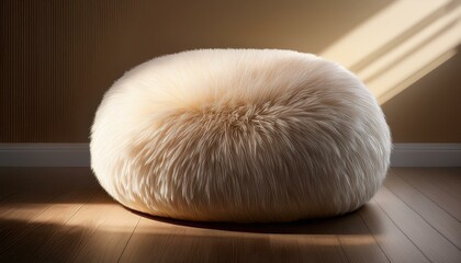 ウールのクッションとクリーム色の壁紙、控えめな毛羽立ちが温かさと静けさを演出
