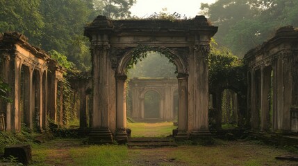 Fototapeta premium Overgrown Stone Columns in Misty Forest Setting