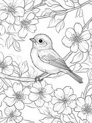 Coloring page, a bird sits on the branch of a flowering tree