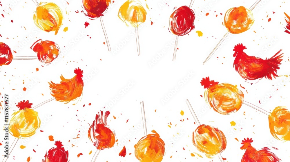 Poster colorful rooster shaped lollipops create vibrant display on white background with space for custom t