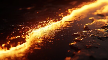 Naklejka premium Glowing orange liquid stream on dark surface.