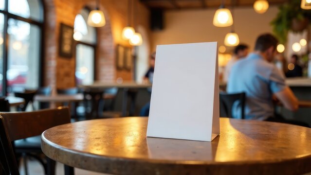 A blank white tent card stands on a round wooden table in a busy cafe. Concept of restaurant advertising.
