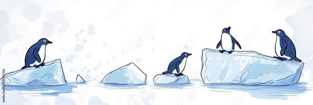 Leinwandbilder Playful penguins frolic on floating icebergs in a whimsical Arctic setting with plenty of space for text. Generative AI
