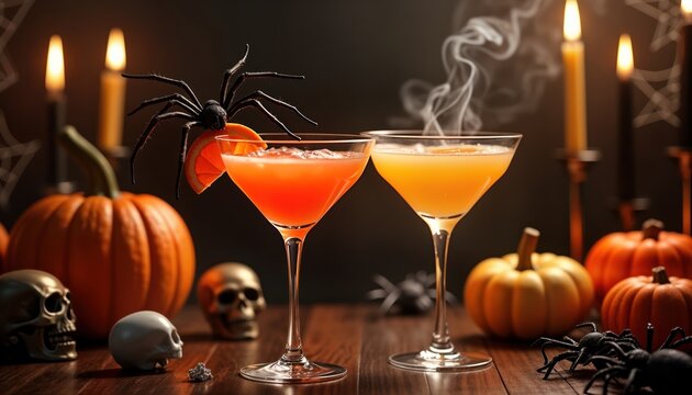 Halloween cocktail party. Two themed cocktails. Orange, reddish drinks in martini glasses. Decor includes spiders, skulls, spider webs, pumpkins. Dark background with candles, warm lighting. Autumnal