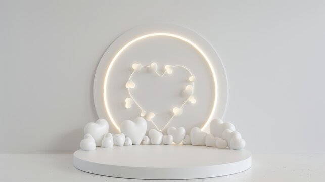 White ribbon in the shape of a heart on round podium or pedestal with illumination of bulbs and candles. Blank layout for Valentine's Day. - Powered by Adobe