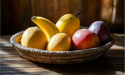 Sunlit wicker basket with mangoes, banana, and pear.