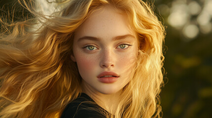 Naklejka premium Close-Up of a Young Woman with Vibrant Blonde Hair in the Wind