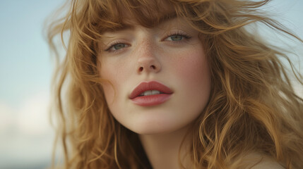 Naklejka premium Close-Up of a Young Woman with Vibrant Blonde Hair in the Wind