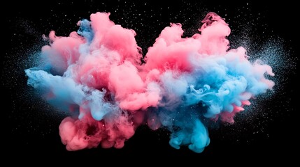 Fototapeta premium Vibrant Pink and Blue Ink Exploding Dynamically Against Black Background: Close-Up Photo. AI Generated
