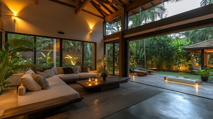 Fototapeta premium Luxurious living room with open floor plan, large windows, and tropical garden view at dusk.