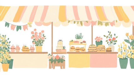 Doodle of vibrant spring market stalls with flowers and baked goods inviting joy and creativity. Generative AI