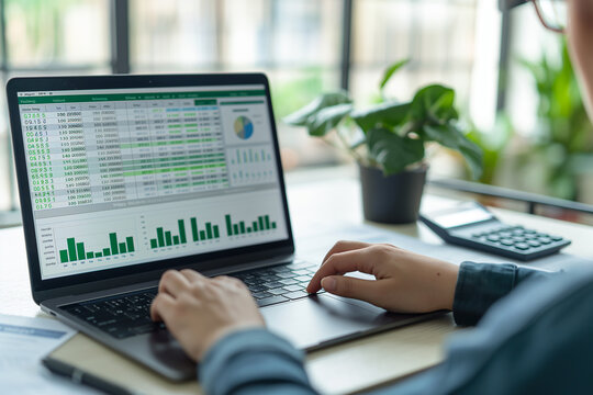 A person is using a laptop to work on a spreadsheet
