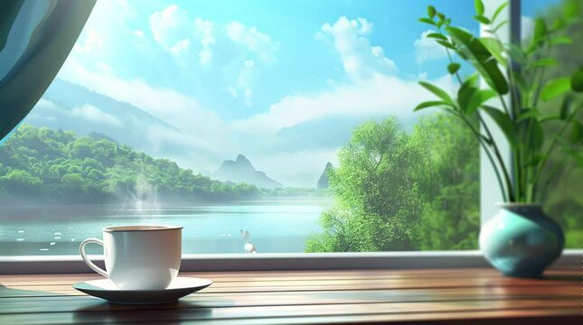 Cup of coffee by a window overlooking a serene lake view on a sunny day  
Seamless looping 4k time-lapse virtual video animation Generated AI