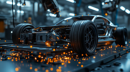 Obraz premium View of robotic arms assembling a high-tech vehicle in an industrial setting